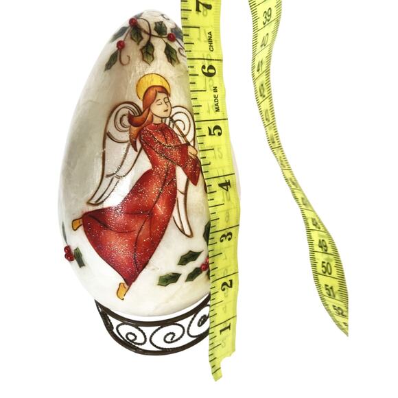 Vintage Hand Painted Angel Capiz Shell Egg w/ Stand 7" Made in Philippines - Picture 7 of 9